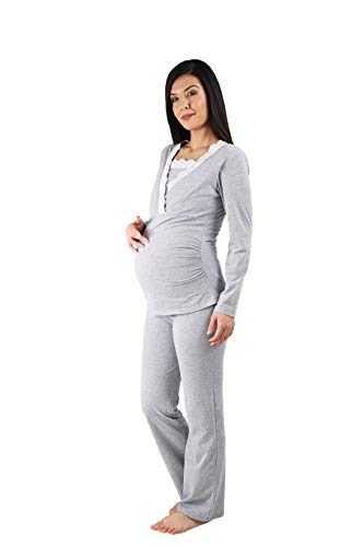 Pijama de lactancia con encaje para mujer, pijama de maternidad, pijama para embarazadas y lactancia, con función de lactancia, manga larga, gris, M