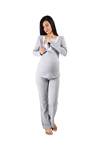 Pijama de lactancia con encaje para mujer, pijama de maternidad, pijama para embarazadas y lactancia, con función de lactancia, manga larga, gris, M