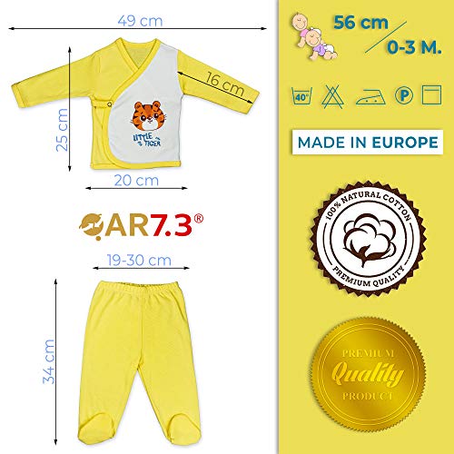 QAR7.3 Conjunto de Ropa Bebe Recien Nacido - 100% Algodón - Set Regalo 5 Piezas: Body, Pijama, Pantalon, Babero, Gorro (Amarillo, 0-3 meses)