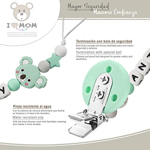 RUBY - Chupetero Personalizado para Bebé con Nombre Bola Crochet y Letra Silicona Antibacteria con Pinza Redonda de Silicona, Chupetero de Koala (Menta)