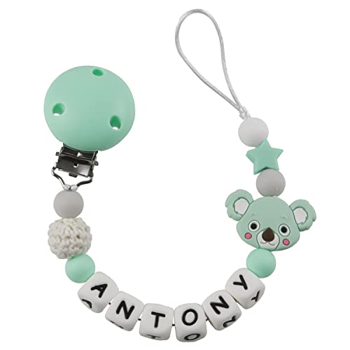 RUBY - Chupetero Personalizado para Bebé con Nombre Bola Crochet y Letra Silicona Antibacteria con Pinza Redonda de Silicona, Chupetero de Koala (Menta)