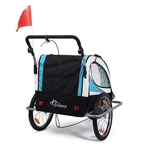 SAMAX Remolque de Bicicleta para Niños 360° girable Kit de Footing Transportín Silla Cochecito Carro Suspensíon Infantil Carro en Azul - Silver Frame