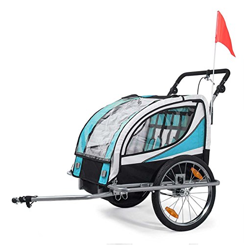 SAMAX Remolque de Bicicleta para Niños 360° girable Kit de Footing Transportín Silla Cochecito Carro Suspensíon Infantil Carro en Azul - Silver Frame