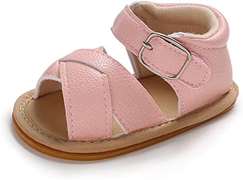 Sandalías de Bebé Recién Nacido Zapatos Casuales Antideslizantes Cuero PU Transpirable de Verano Suela Suave Zapatos para Caminar Primera Infancia de 0 a 18 Meses Cumpleaños (Rosa, 12-18 meses)