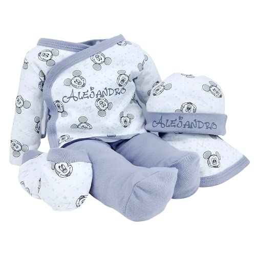 Set primera puesta Fantasía para recién nacido – Set de 5 piezas con el Pijama y el Gorrito Personalizados con el Nombre del Bebé. (Gris)