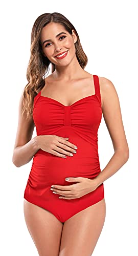 SHEKINI Traje de Baño para Mujeres Embarazadas Bowknot Bandeau Swimwear Gathering Monokini Embarazadas Traje de baño de Maternidad Tallas Grandes M-3XL (Rojo, XXL)