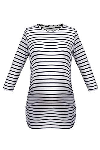 Smallshow Tops Maternidad para Mujeres con 3/4 de la Manga Fruncidos Ropa Embarazada Pack de 3,Black/Grey/White Stripe,XL