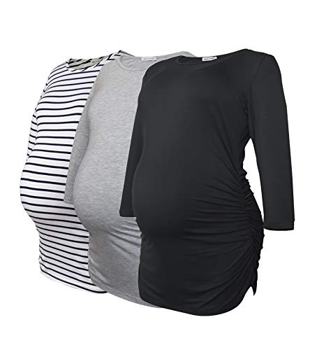 Smallshow Tops Maternidad para Mujeres con 3/4 de la Manga Fruncidos Ropa Embarazada Pack de 3,Black/Grey/White Stripe,XL