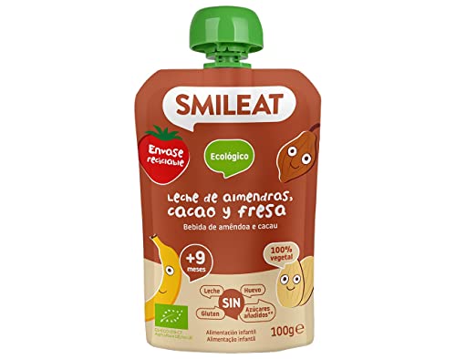 Smileat - Pouch Ecológico para Niños y Niñas, Puré Infantil con Ingredientes Naturales Bebibles, Merienda Para Bebés a Partir de los 9 Meses, Sabor a Almendra, Cacao y Fresa - 100 g