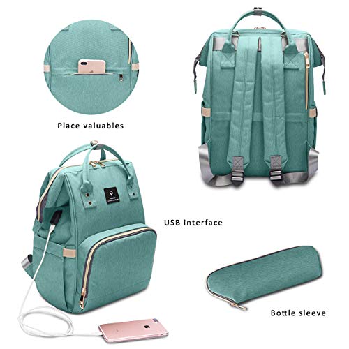 SONARIN Mochilas para Pañales con Dos Correas de Cochecito, Bolsa de pañales, Organizador de Mochila de Viaje Con Bolsas Con Aislamiento de Botella,Interfaz USB,Impermeable,Gran Capacidad(Verde)