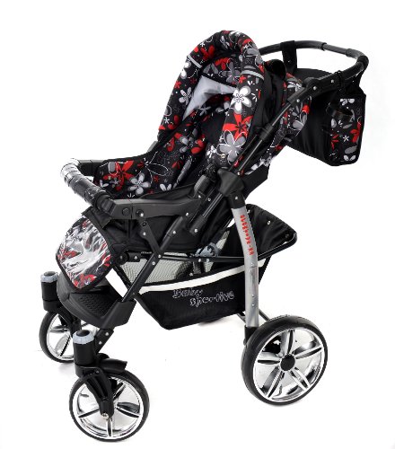 Sportive X2, 3-in-1 Travel System incl. Baby Pram with Swivel Wheels, Car Seat, Pushchair & Accessories (3-in-1 Travel System, Black & Small Flowers)