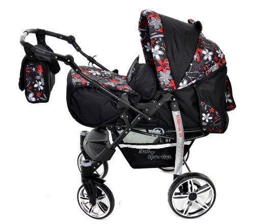 Sportive X2, 3-in-1 Travel System incl. Baby Pram with Swivel Wheels, Car Seat, Pushchair & Accessories (3-in-1 Travel System, Black & Small Flowers)