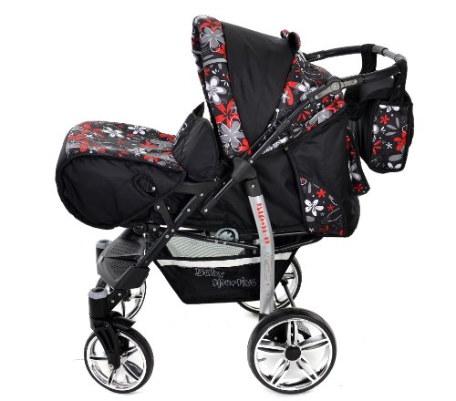 Sportive X2, 3-in-1 Travel System incl. Baby Pram with Swivel Wheels, Car Seat, Pushchair & Accessories (3-in-1 Travel System, Black & Small Flowers)