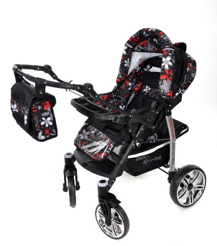 Sportive X2, 3-in-1 Travel System incl. Baby Pram with Swivel Wheels, Car Seat, Pushchair & Accessories (3-in-1 Travel System, Black & Small Flowers)