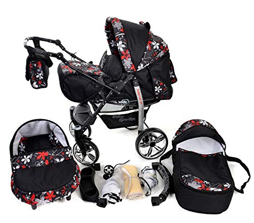 Sportive X2, 3-in-1 Travel System incl. Baby Pram with Swivel Wheels, Car Seat, Pushchair & Accessories (3-in-1 Travel System, Black & Small Flowers)