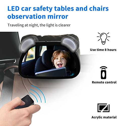 Suewidfay Espejo De Coche Para Bebé Para Asiento Trasero, Espejo Para Asiento De Coche Con Luz Nocturna Led De Control Remoto, 360 Grados Para Asiento De Coche Que Ayuda A Vigilar A Su Bebé