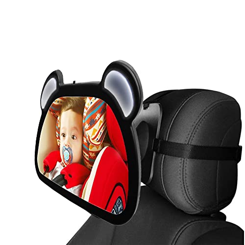 Suewidfay Espejo De Coche Para Bebé Para Asiento Trasero, Espejo Para Asiento De Coche Con Luz Nocturna Led De Control Remoto, 360 Grados Para Asiento De Coche Que Ayuda A Vigilar A Su Bebé