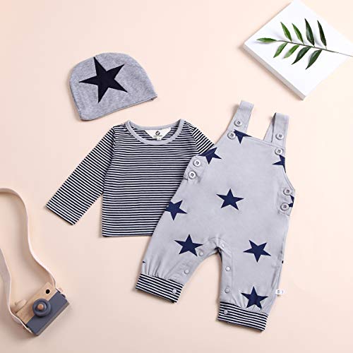 T TALENTBABY Recién nacido Bebés Bebés Camiseta de rayas largas Tops + Pantalones con babero + Conjuntos de sombrero cortado Conjunto de ropa Mamelucos, gris, 0-3 meses