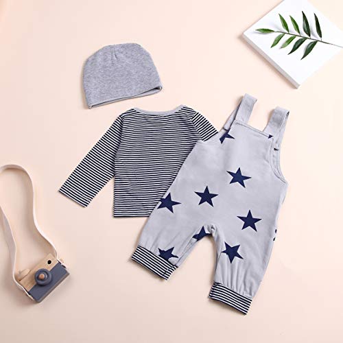 T TALENTBABY Recién nacido Bebés Bebés Camiseta de rayas largas Tops + Pantalones con babero + Conjuntos de sombrero cortado Conjunto de ropa Mamelucos, gris, 0-3 meses