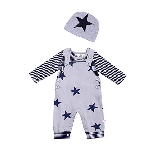 T TALENTBABY Recién nacido Bebés Bebés Camiseta de rayas largas Tops + Pantalones con babero + Conjuntos de sombrero cortado Conjunto de ropa Mamelucos, gris, 0-3 meses