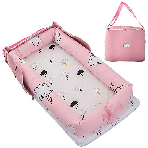 TEALP Tumbona para bebé con Almohadas, Nido Transpirable para Bebé Recién Nacido para Cosleeping, Capazo de Bebé, nube rosa