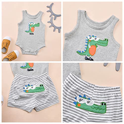 TMOYJPX 2 piezas Traje de Ropa Bebe Niño 0-24 meses Verano Conjuntos Chaleco Pelele de Cocodrilo de Dibujos Animados + Pantalones Cortos a Raya Ropa Niño 1 año 2 años (18-24 meses, Gris)