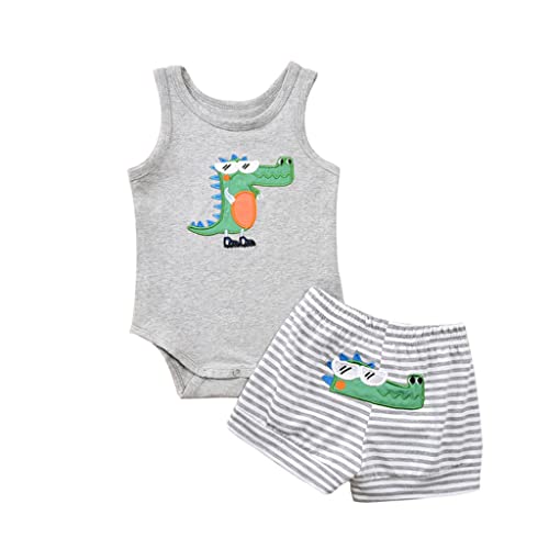 TMOYJPX 2 piezas Traje de Ropa Bebe Niño 0-24 meses Verano Conjuntos Chaleco Pelele de Cocodrilo de Dibujos Animados + Pantalones Cortos a Raya Ropa Niño 1 año 2 años (18-24 meses, Gris)