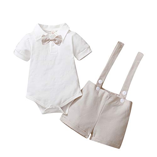 Trajes de caballero para bebés, Mameluco de manga corta con pajarita para niños + pantalones cortos con tirantes, conjunto de pantalones cortos de caballero de 0 a 24 meses