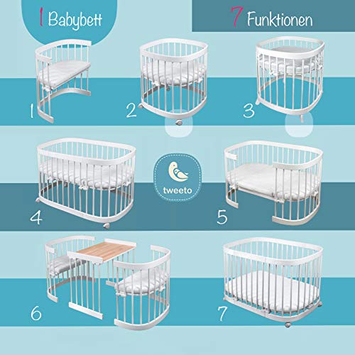 tweeto® Cuna 7 en 1 (Plus) Conjunto Todo EN UNO │Cuna Ampliable hasta 10 Funciones con colchón Transpirable │ Cama de Madera de Haya para bebés y niños (Blanco + Haya)