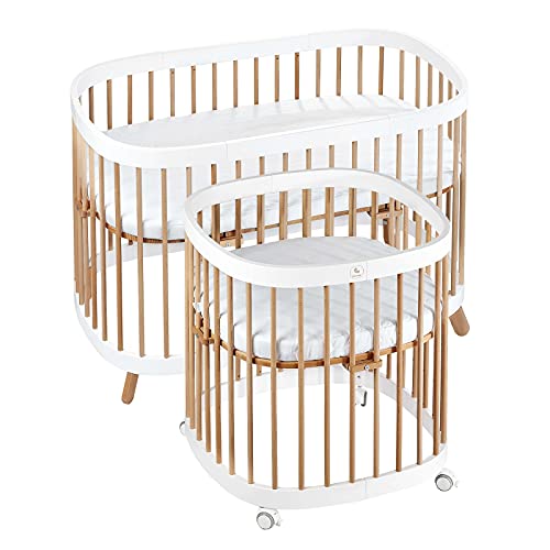 tweeto® Cuna 7 en 1 (Plus) Conjunto Todo EN UNO │Cuna Ampliable hasta 10 Funciones con colchón Transpirable │ Cama de Madera de Haya para bebés y niños (Blanco + Haya)