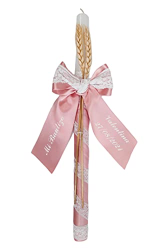 Vela para Bautizo personalizada - Vela Bautismal Personalizable con nombre y fecha – Vela de Bautizo decorada - Cirio de Bautizo - Modelo París – Rosa petal - Nenel