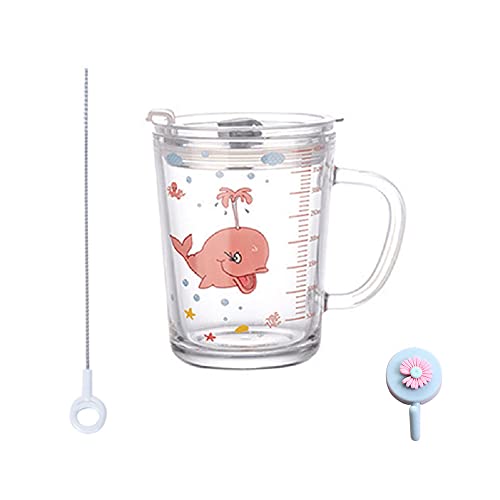 Xfeyaqlo Tazas para Niños Medición, Taza de Leche Niños con Pajita, Vaso Leche con Tapa Niños, Resistente al calor para jugo de leche para microondas, 400ml (pez)