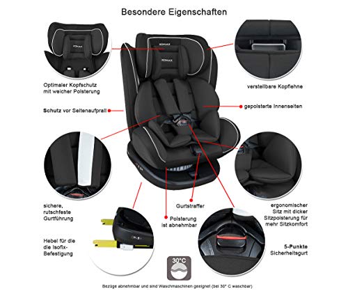 XOMAX 916 Silla de coche Isofix giratoria 360 grados I inclinable I Grupo 0+/1/2/3 I evolutiva 0-36 kg, 0-12 años I Funda extraíble y lavable I ECE R44/04