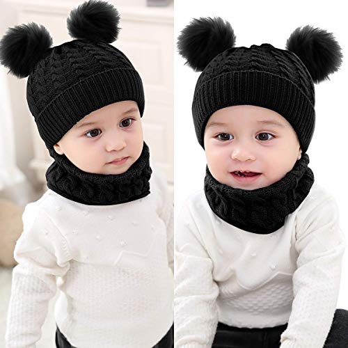 Yutdeng Sombrero y Bufanda de Punto Bebé Invierno cálido Punto Beanie Gorra con Pompon Recién Nacido Gorras y Bufanda Cuello Redondo 3 Piezas para Niños Niñas Fiestas Viajes(Negro,Talla única)