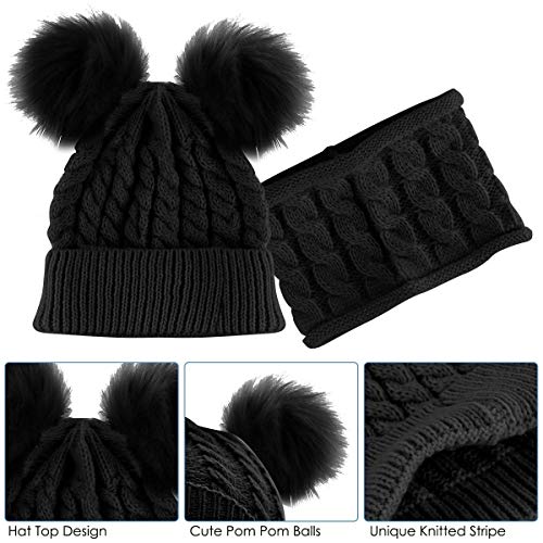 Yutdeng Sombrero y Bufanda de Punto Bebé Invierno cálido Punto Beanie Gorra con Pompon Recién Nacido Gorras y Bufanda Cuello Redondo 3 Piezas para Niños Niñas Fiestas Viajes(Negro,Talla única)