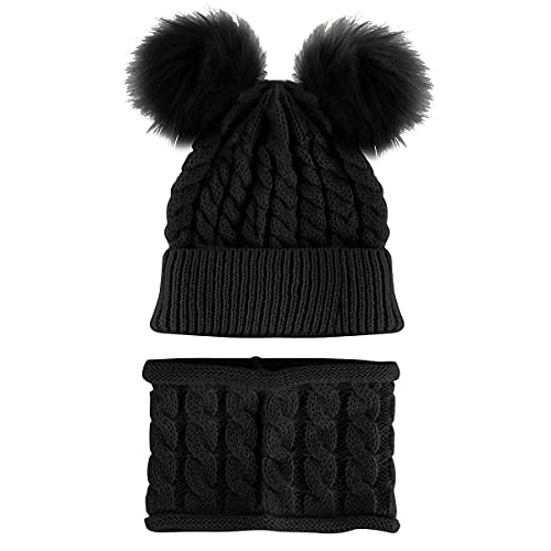 Yutdeng Sombrero y Bufanda de Punto Bebé Invierno cálido Punto Beanie Gorra con Pompon Recién Nacido Gorras y Bufanda Cuello Redondo 3 Piezas para Niños Niñas Fiestas Viajes(Negro,Talla única)