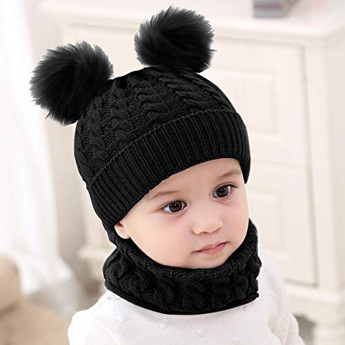 Yutdeng Sombrero y Bufanda de Punto Bebé Invierno cálido Punto Beanie Gorra con Pompon Recién Nacido Gorras y Bufanda Cuello Redondo 3 Piezas para Niños Niñas Fiestas Viajes(Negro,Talla única)