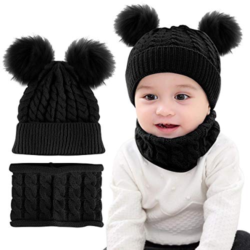 Yutdeng Sombrero y Bufanda de Punto Bebé Invierno cálido Punto Beanie Gorra con Pompon Recién Nacido Gorras y Bufanda Cuello Redondo 3 Piezas para Niños Niñas Fiestas Viajes(Negro,Talla única)