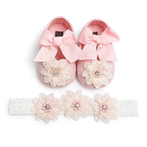 Zapatos de Niña con Diadema Regalo Set Bautizo Lovely Algodón Flor Suave Suela Zapatillas Antideslizantes Zapatos de Princesa