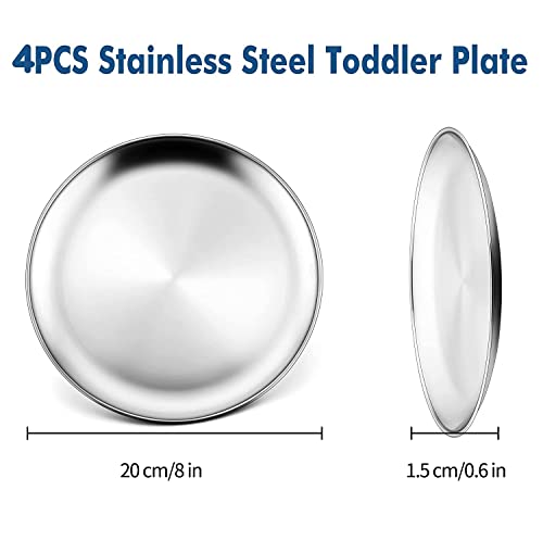 18/8 Placas de acero inoxidable, metal 304 platos para la cena para niños pequeños, platos de servicio de alimentación de 8 pulgadas, ecológicos, sin BPA y aptos para lavavajillas, paquete de -4