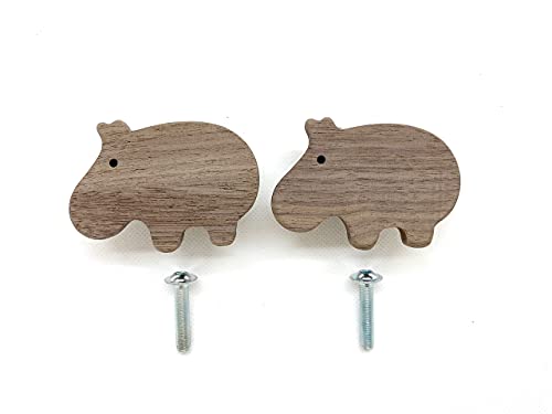 2 tiradores de madera de nogal con diseño de hipopótamo sin tratar, para armario, cajón, puerta, habitación de los niños, idea de regalo (2 hipopótamo)