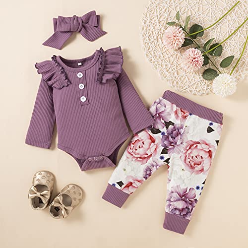 3 Piezas Ropa Bebe Niña 0-18 meses Conjunto Algodon Monos + Pantalón Impresión + Banda Ropa Bebe Recien Nacido Niño Invierno Otoño (3-6 meses, Púrpura)