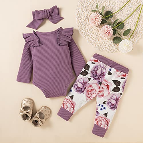 3 Piezas Ropa Bebe Niña 0-18 meses Conjunto Algodon Monos + Pantalón Impresión + Banda Ropa Bebe Recien Nacido Niño Invierno Otoño (3-6 meses, Púrpura)