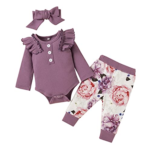 3 Piezas Ropa Bebe Niña 0-18 meses Conjunto Algodon Monos + Pantalón Impresión + Banda Ropa Bebe Recien Nacido Niño Invierno Otoño (3-6 meses, Púrpura)