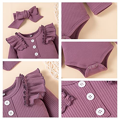 3 Piezas Ropa Bebe Niña 0-18 meses Conjunto Algodon Monos + Pantalón Impresión + Banda Ropa Bebe Recien Nacido Niño Invierno Otoño (3-6 meses, Púrpura)