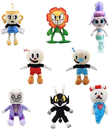 8pcs Juego Cuphead Peluche Mugman Sra. Chalice Ghost King Dice Cagney Carnantion Puphead Realista Dibujos animados Muñecos de peluche Animales Regalos de cumpleaños Dormitorio Oficina Deco