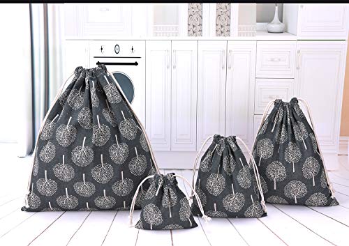 abaría - Set de 4 Bolsos Tela algodón Grande - Organizadores Bolsas con Cuerda - árbol Gris