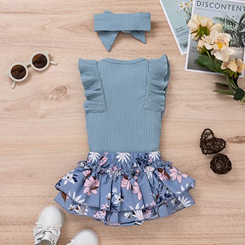 AIOIDI Conjunto de Ropa para Bebe Niña Recién Nacida Top Sin Mangas con Volantes Falda Floral de Verano Diadema Conjunto de 3 Piezas，Azul，3-6meses