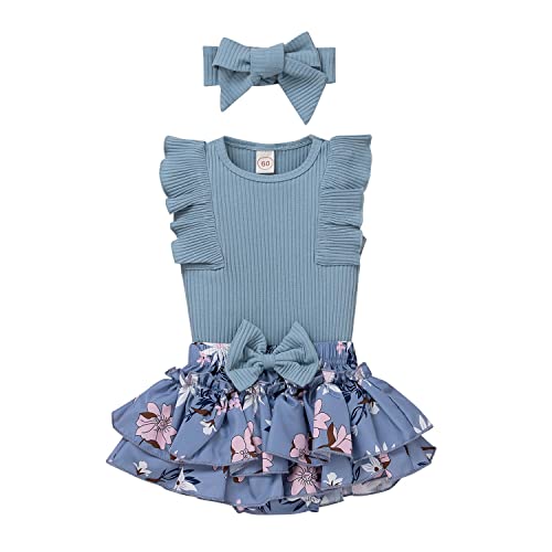 AIOIDI Conjunto de Ropa para Bebe Niña Recién Nacida Top Sin Mangas con Volantes Falda Floral de Verano Diadema Conjunto de 3 Piezas，Azul，3-6meses