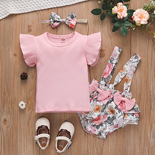 AIOIDI Conjunto Ropa Bebe Niña Recien Nacido Verano Floral Falda de Tirantes+Manga Corta Volantes Mameluco+Diademas con lazo 3 piezas,Rosa 1,3-6meses